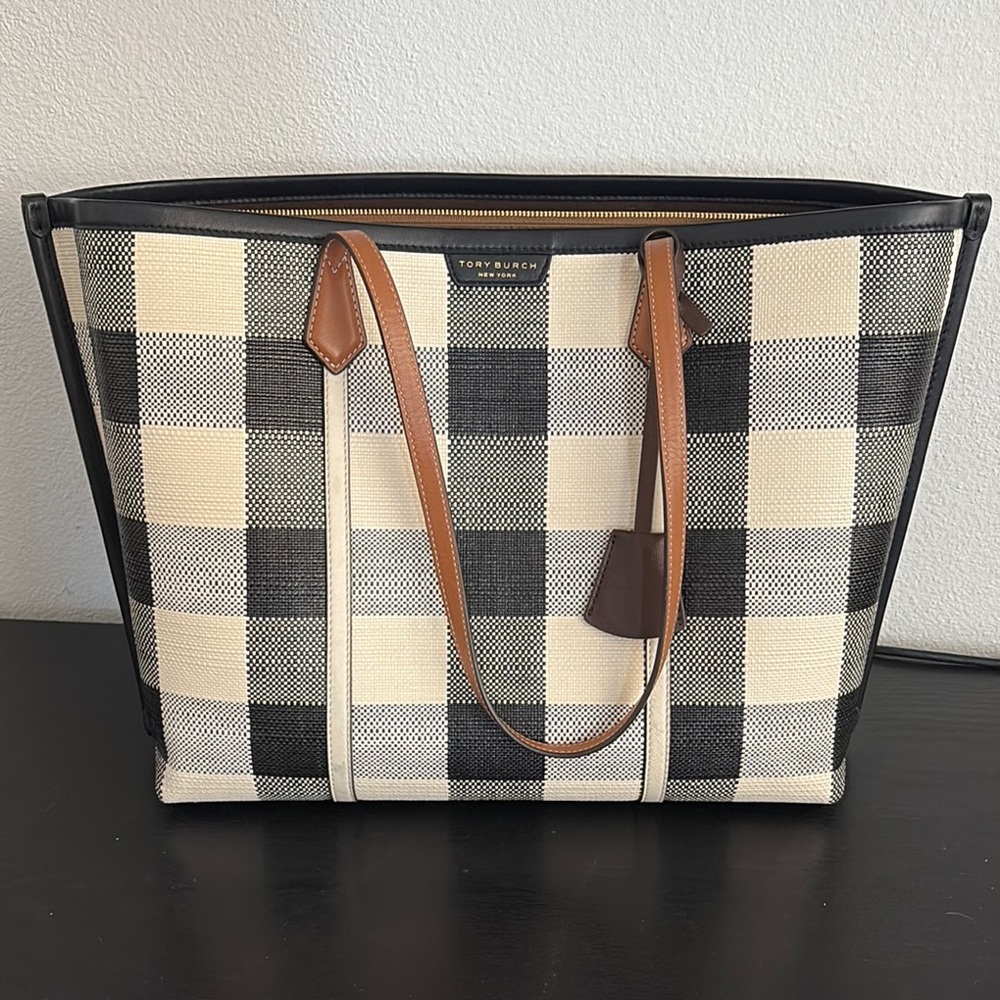 Tory Burch Black and Tan Checkered Tote Bag